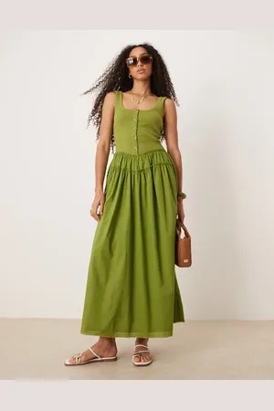 ASOS Scoop button ribbed bodice with poplin skirt maxi in olive