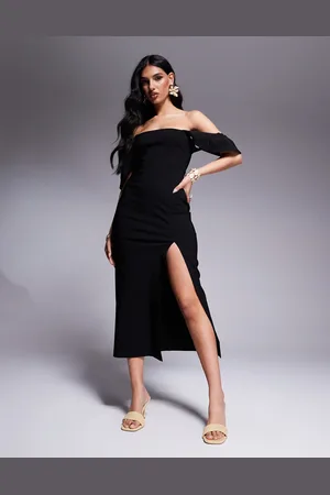 Vesper Bengaline square neck ruffle sleeve side split midaxi dress in