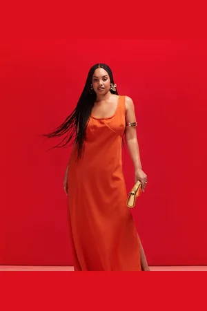 ASOS ASOS DESIGN Curve scoop neck raw edge bias maxi dress in burnt