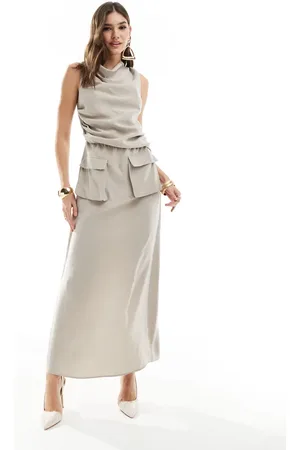 ASOS Cowl neck midi dress with pocket detail in stone