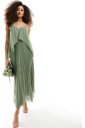 ASOS Chiffon overlay strappy pleat midi dress in sage