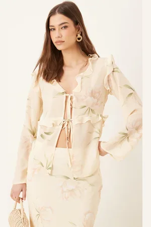 Pretty Lavish Textured chiffon ruffle top co-ord in cream floral