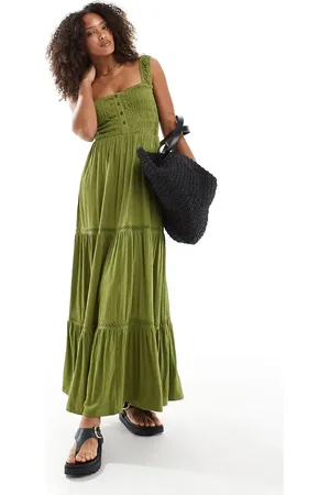 ASOS Ruched square neck tiered midi dress with lace inserts in olive - MGREEN