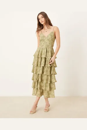Pretty Lavish Tie back ruffle midaxi dress in olive floral
