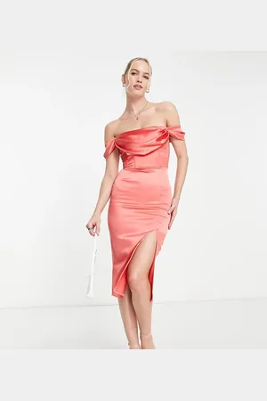 First Distraction First Distraction the label Tall satin midi dress with split in coral