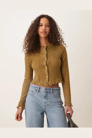 ASOS Ruffle hem crochet cardigan top in khaki