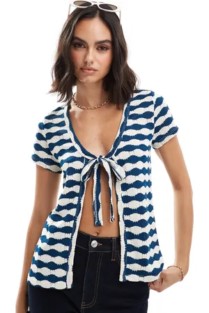 ASOS Tie front short sleeve cardigan in textured navy stripe