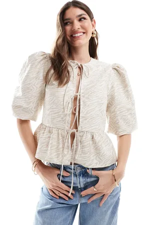 ASOS Cotton poplin peplum tie shirt top in light animal jacquard