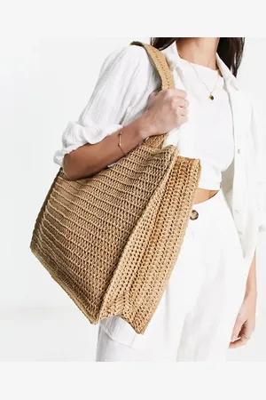 South Beach Straw woven shoulder beach tote bag in beige