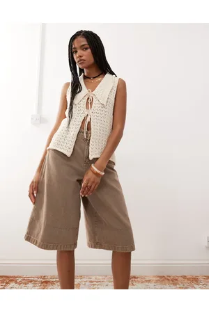 Reclaimed Knitted collar detail tie front waistcoat in cream
