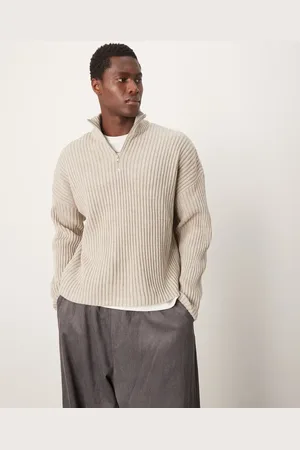 ASOS Knitted oversized boxy half zip jumper in beige