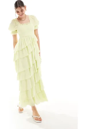 Miss Selfridge Textured asym hem tiered maxi dress in lime