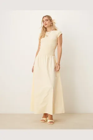 ASOS Texture poplin mix dropped hem cap sleeve maxi dress in buttermilk