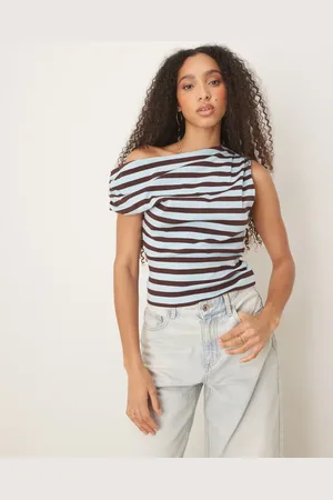 ASOS Off shoulder ruched baby tee in brown and blue stripe