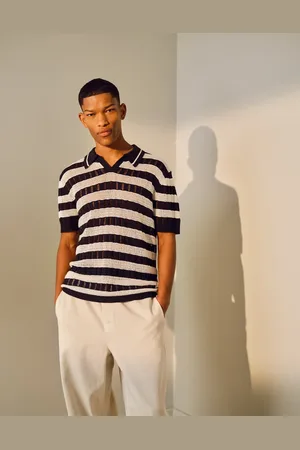 Topman Relaxed ladder stitch crochet polo shirt in monochrome