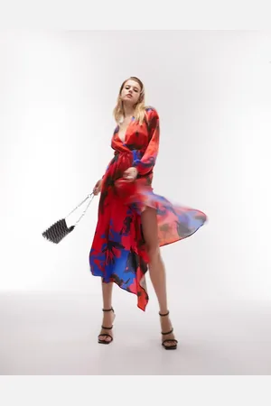 Topshop Floral waterfall hem wrap midi occasion dress in