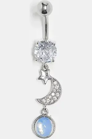 Kingsley Ryan Crescent moon and star crystal belly bar in steel