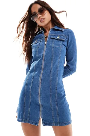 Miss Selfridge Denim zip detail shirt dress in mid wash