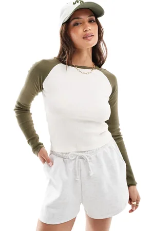 Brave Soul Long sleeve ribbed raglan tee in cream & khaki