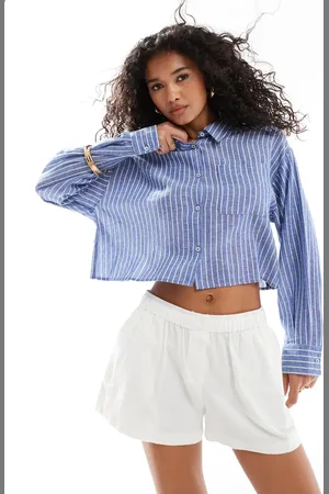 ASOS Natural wrap back crop shirt in stripe