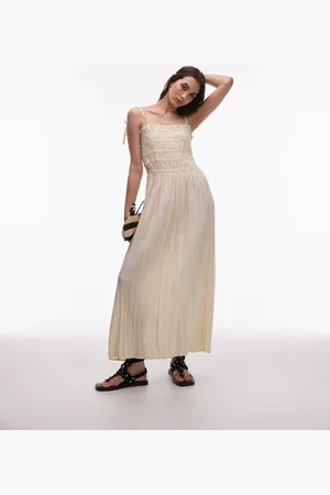 Topshop Technical crinkle ruched bust midi dress in natural