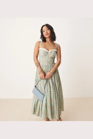 Lace & Beads Corset cotton midi dress in ditsy floral