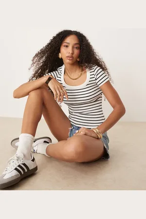 Gina Tricot Scoop neck slim fit short sleeve rib top in black and white stripe