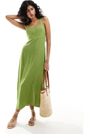 ASOS Square neck tie back linen midi sundress in khaki