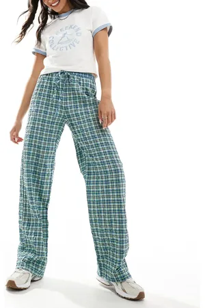 Pull&Bear Drawstring waist wide leg trouser in check