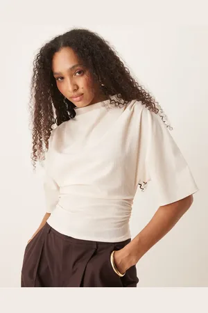Gina Tricot Short sleeve drape boat neck top with elbow sleeves in off white