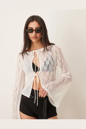 ASOS 2 in 1 long flared sleeve lace tie back top in ivory