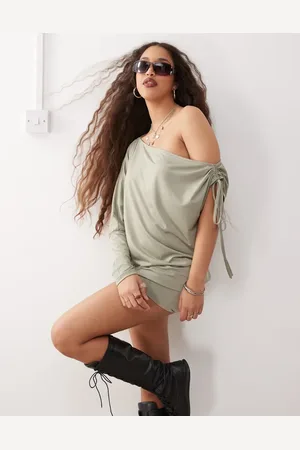 Monki Long sleeve draped mini dress in khaki
