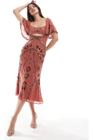 ASOS Bandeau maxi dress with asymmetric ruffle hem in lilac abstract floral print