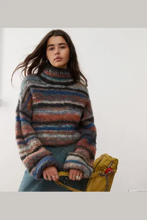 Reclaimed Balloon sleeve roll neck in chunky mixed twist stripe