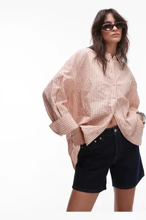 Topshop Crinkle textured shirt in peach and brown stripe