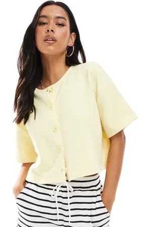 Miss Selfridge Ribbed button up short sleeve cardigan co ord in butter