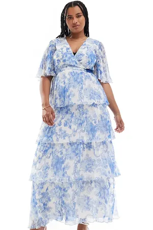 ASOS ASOS DESIGN Curve exclusive kimono sleeve maxi dress with tiered skirt in pleat in blue floral print
