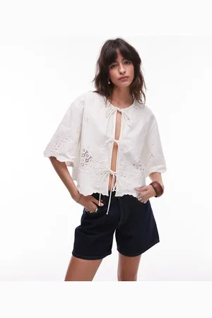 Topshop Tablecloth cutwork tie front bed jacket in ivory