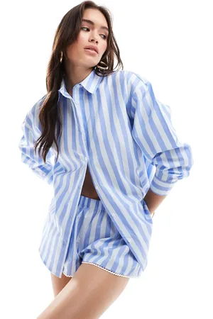 Cotton On Cotton On poplin long sleeve and short sleep set in blue pinstripe