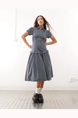 COLLUSION Drop waist midi shirt dress in check