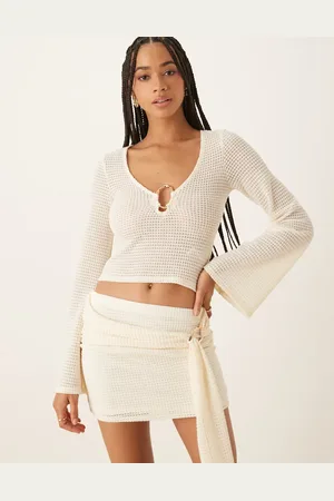 ASOS Co-ord textured v neck flared sleeve top with gold trim in cream - CREAM