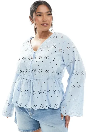 Pieces® Pieces Curve button front tie waist broderie top in