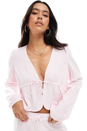 Pieces® Crinkle cotton tie front cropped blouse co-ord in light