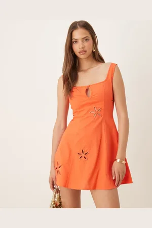 SNDYS Linen blend square neck keyhole flower cutout mini dress in