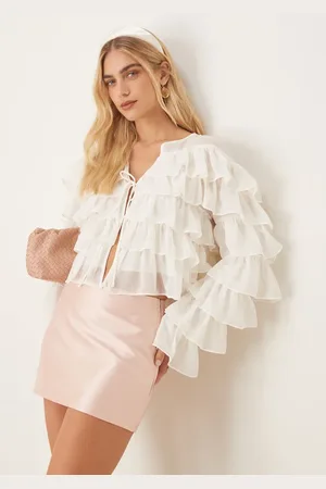 Gina Tricot Long sleeve cropped flounce ruffle blouse with tie front in off