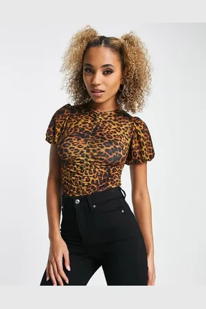 ASOS Slinky ruched bodysuit with puff sleeve in leopard print