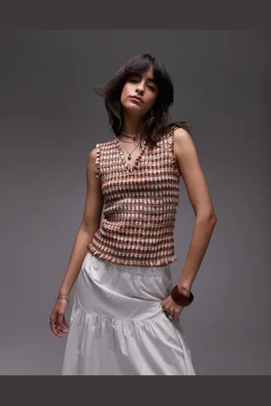 Topshop V neck sleeveless shirred top in rust gingham