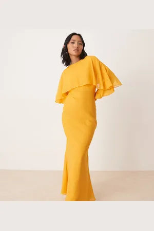 ASOS ASOS DESIGN Petite long sleeve ruffle bias maxi dress with cape detail in