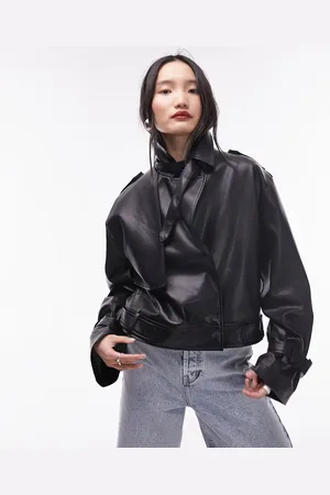 Topshop Faux leather cropped trench jacket in