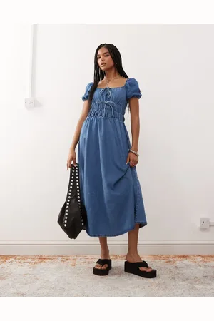Reclaimed Chambray denim midi dress with shirring details in mid
